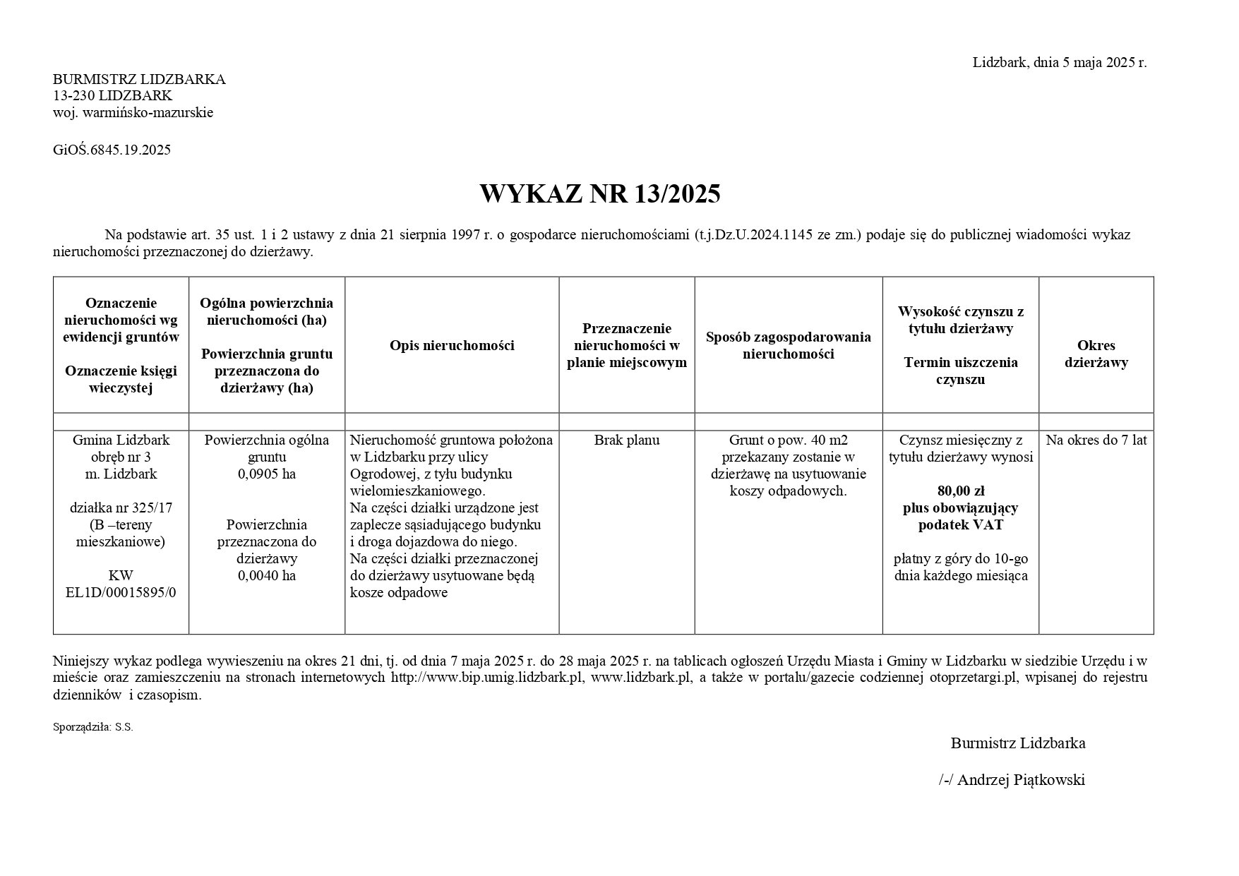Wykaz Nr 13/2025 - Nieruchomość gruntowa do dzierżawy - obr. 3 m. Lidzbark dz. nr 325/17